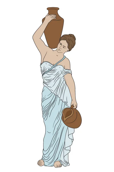 Молода Струнка Грецька Жінка Стоїть Тримає Глек Глини Плечі — стоковий вектор