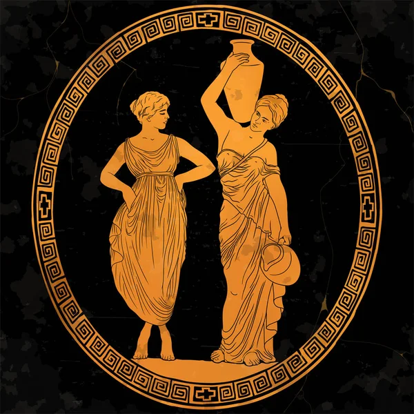 İki antik Yunan genç ve güzel kadını sürahilerde su taşıyorlar ve diyalog kuruyorlar. Antika tabaklar çiziyorum..