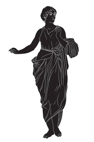 一位身穿紧身衣和斗篷的古希腊年轻女子向一旁望去 摆出姿势 — 图库矢量图片