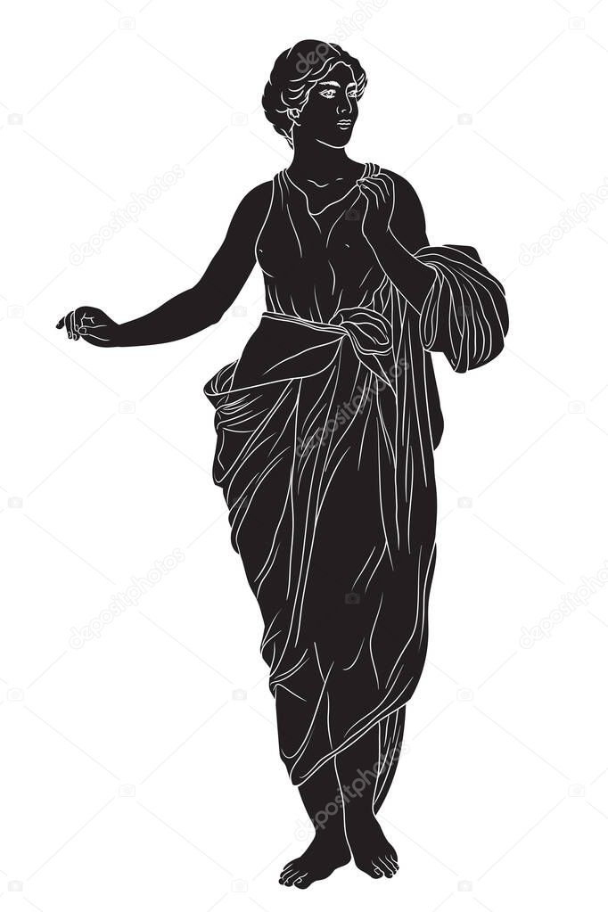An ancient Greek young woman in a tunic and cape stands looks away and gestures.