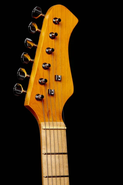 Pescoço Guitarra Elétrica Com Seis Cordas Fundo Preto Close — Fotografia de Stock