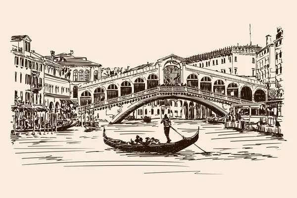 Old Rialto Bridge Grand Canal Venice Vector Drawing — Stock Vector