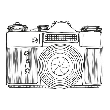 Vector sketch of a reflex film retro camera with a lens isolated on a white background.