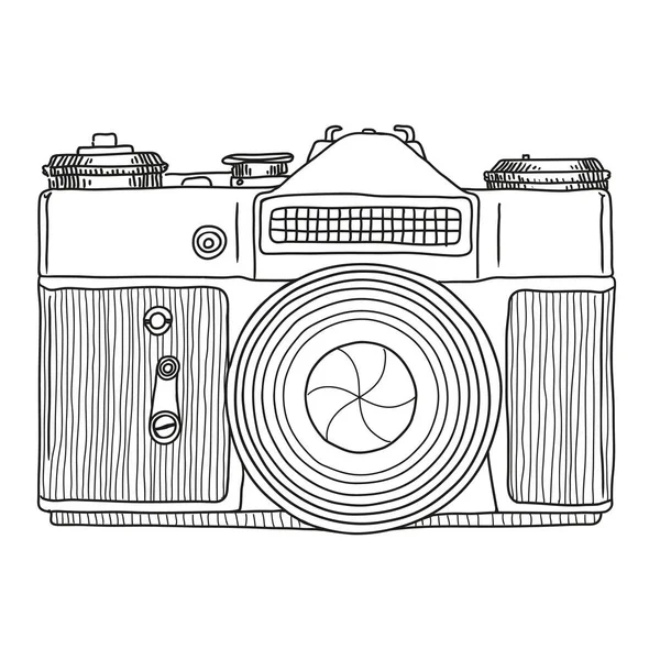 Vector sketch of a reflex film retro camera with a lens isolated on a white background.