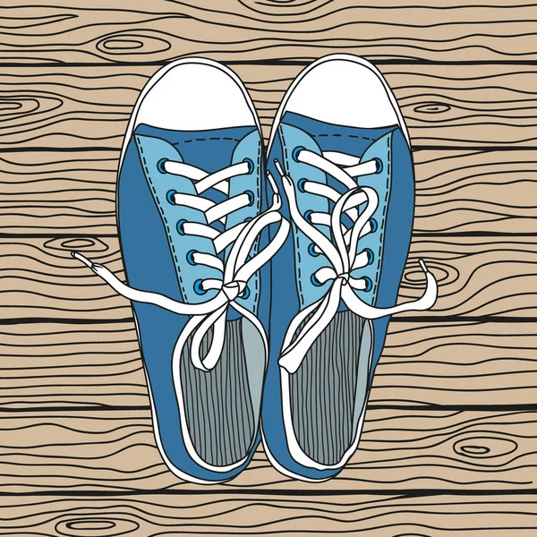 Bir çift lastik tabanlı spor ayakkabısının vektör çizimi ve tahta arka planda bağcıklar..