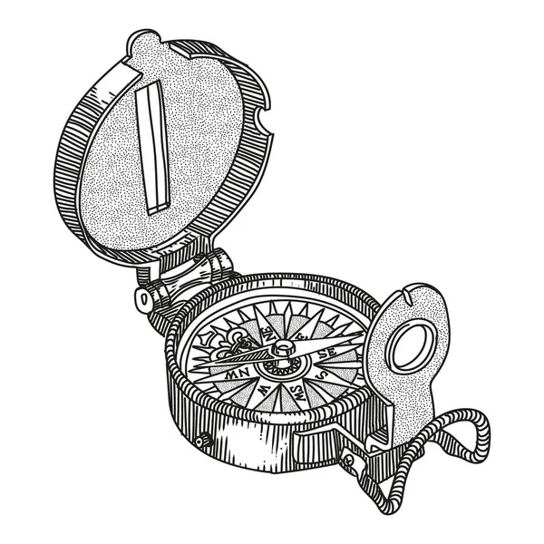 Kompas Nawigacyjny Strzałką Magnetyczną Podróży Białym Tle Szybki Szkic Liniowy — Wektor stockowy