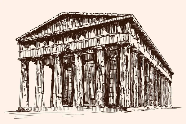 Vorgriechisch Ruinierter Steintempel Mit Säulen Schnelle Handskizze Auf Beigem Hintergrund — Stockvektor