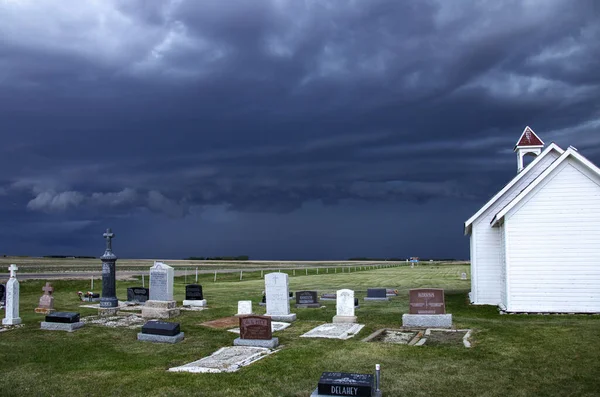 Orage Menaçant Nuages Prairie Été Campagne Église — Photo