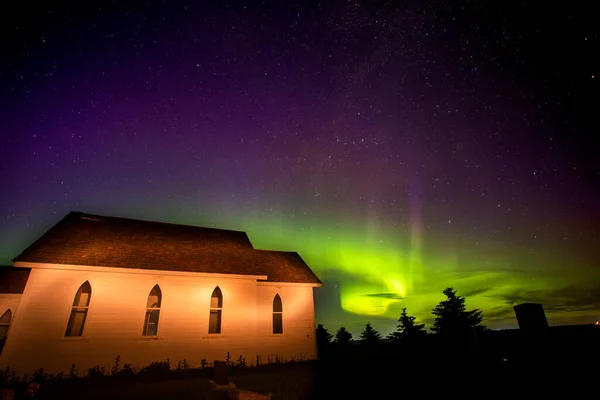 Northern Lights Country Church Saskatchewan Canada — Stockfoto