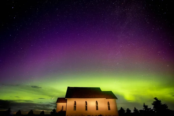 Northern Lights Country Church Saskatchewan Canadá — Foto de Stock