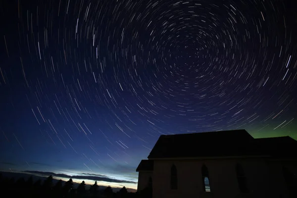 Rural Star Trails Church Foreground Canada — Stock Photo, Image