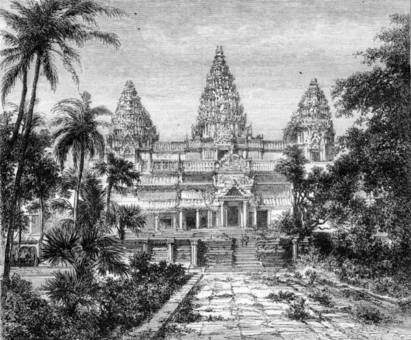 Ruinas en Angkor Wat vista general, grabado vintage . —  Fotos de Stock