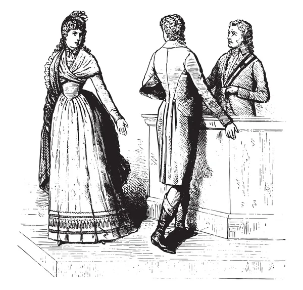 Trajes de divorcio, 1793, en después de un sello de tiempo, grabado vintage — Vector de stock