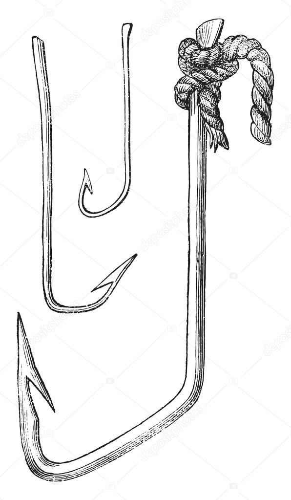 Various hooks for fishing at sea, vintage engraving.