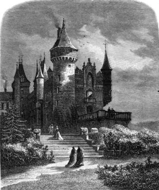 Castle Bourbon Busset, Allier, vintage engraving.