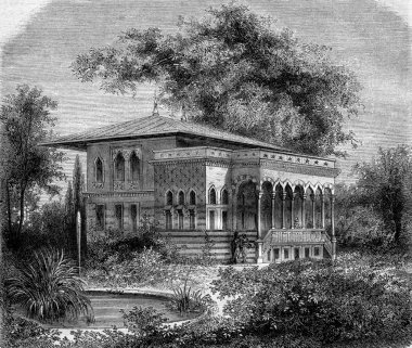 World Expo 1867, The House of the Bosphorus, vintage engraving.