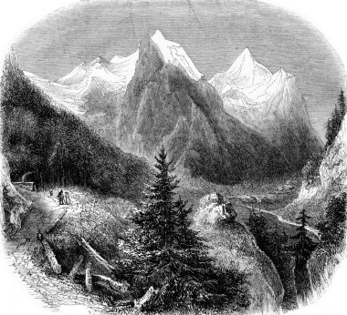 View of the Wetterhorn in the Bernese, vintage engraving.