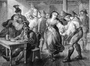 Dance scene in a hostel of Bavaria, vintage engraving.