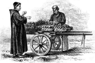 The monk with oranges, vintage engraving.