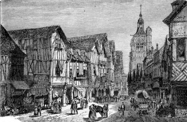 Great street in Bernay, vintage engraving.