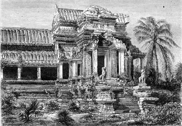 Ruins at Angkor Wat, exterior facade of a house, vintage engravi — стокове фото