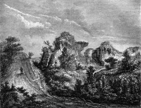 Руины замка Лонгвиль, Сена-Дно, винтажная гравировка — стоковое фото