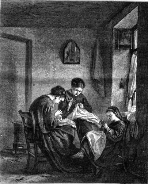 Три вишивальницями, за Едуард Фрере, Старовинні гравіювання. — стокове фото