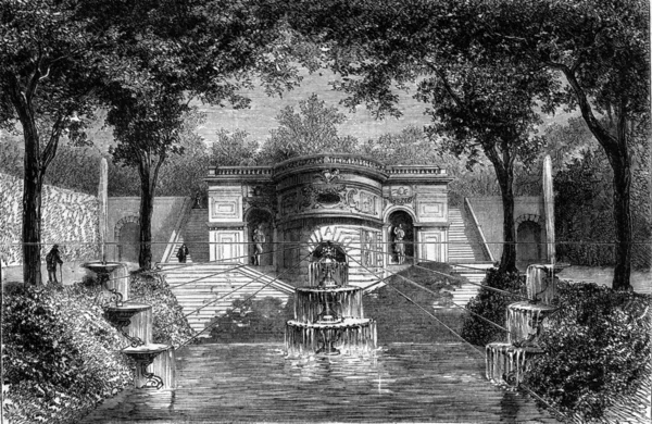 Plan, elewacja i perspektywa fontanny starożytnego c — Zdjęcie stockowe