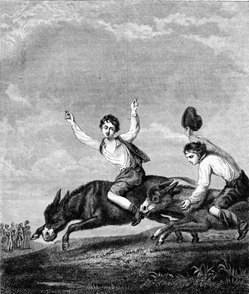 The donkey race, vintage engraving. — Zdjęcie stockowe