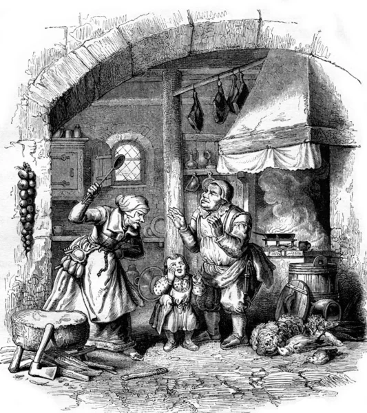 Master block in his household, vintage engraving. — Stok fotoğraf