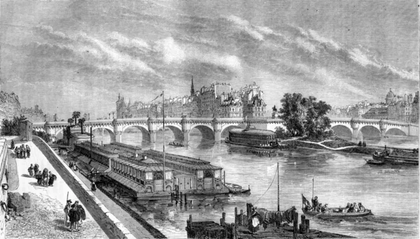 Uitzicht op de Pont Neuf gerestaureerd, vintage gravure. — Stockfoto