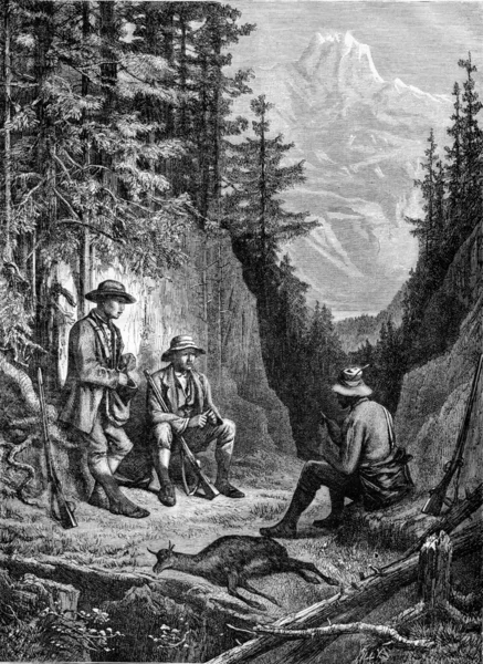 Chamois hunting rest in Graubunden, vintage engraving. — Stock Photo, Image