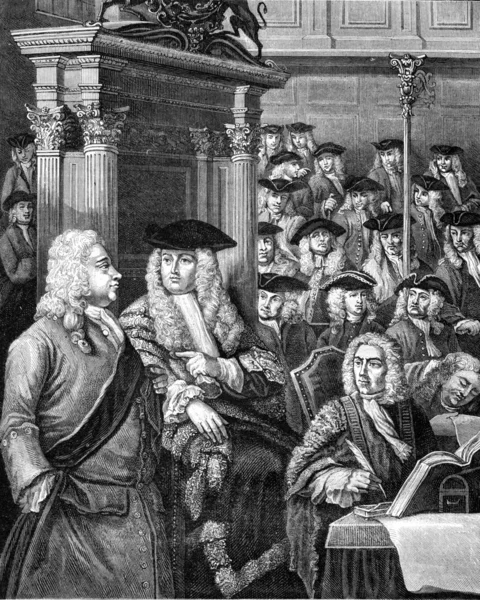 En session i House of Commons om 1710, Vintage gravyr. — Stockfoto