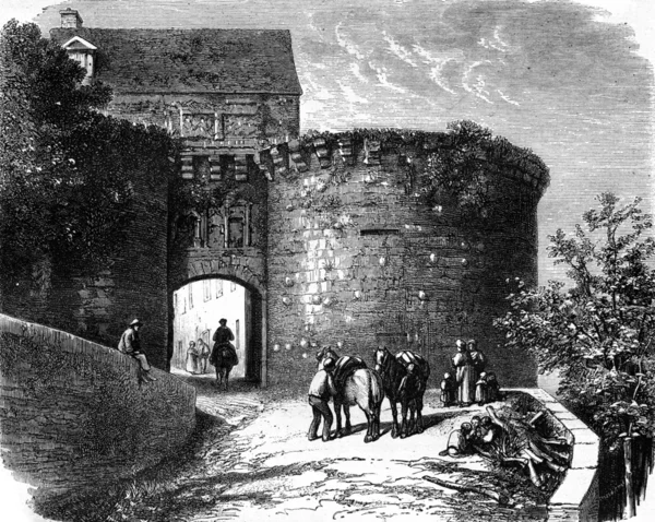 City gate, Vezelay, vintage engraving. — ストック写真