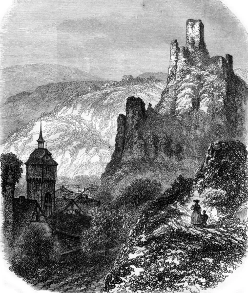 Ruins of Sonneberg Castle near Wiesbaden, vintage engraving. — Stock fotografie