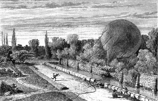 Section of wall shot by the gondola of a balloon, vintage engrav — 스톡 사진