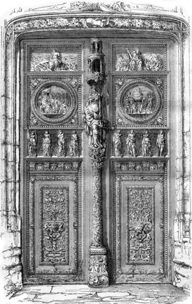 Vista del centro de Porte de Saint-Maclou en Rouen, grabado vintage — Foto de Stock