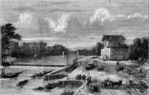 Dam op de Seine bij Suresnes, vintage gravure. — Stockfoto
