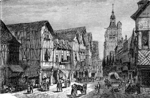 Great street in Bernay, vintage engraving. — Stockfoto