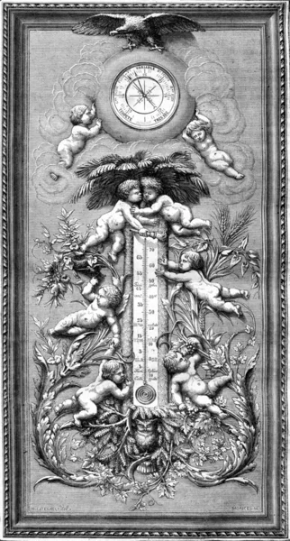 Барометр и термометр на дереве, вырезанные Кнехтом, винтажная гравировка — стоковое фото