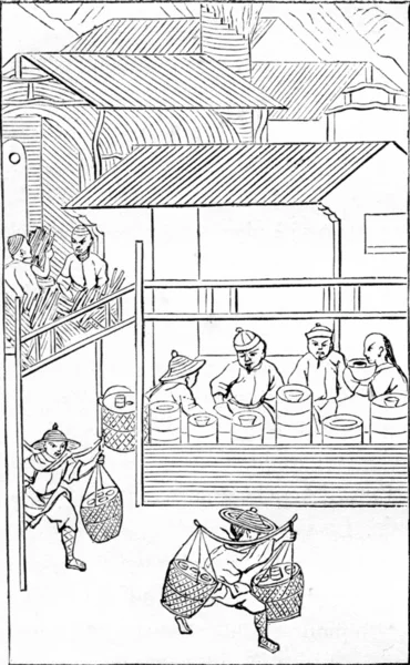 After baking, the oven is opened, vintage engraving.