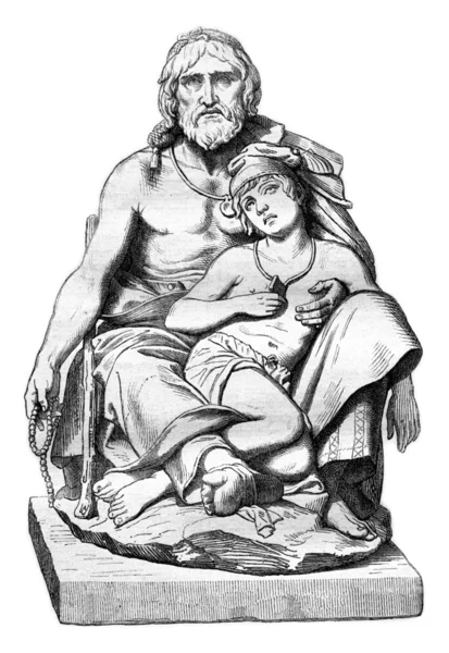 Calabrian peasant and his sick son marble group, vintage engravi — 스톡 사진