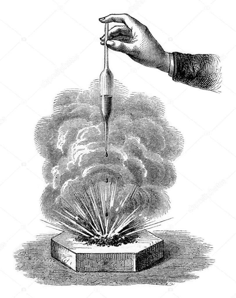 Action of sulfuric acid on barite, vintage engraving.
