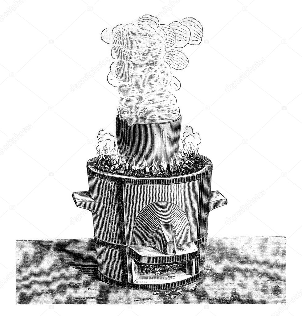 Alum calcined in a crucible, vintage engraving.