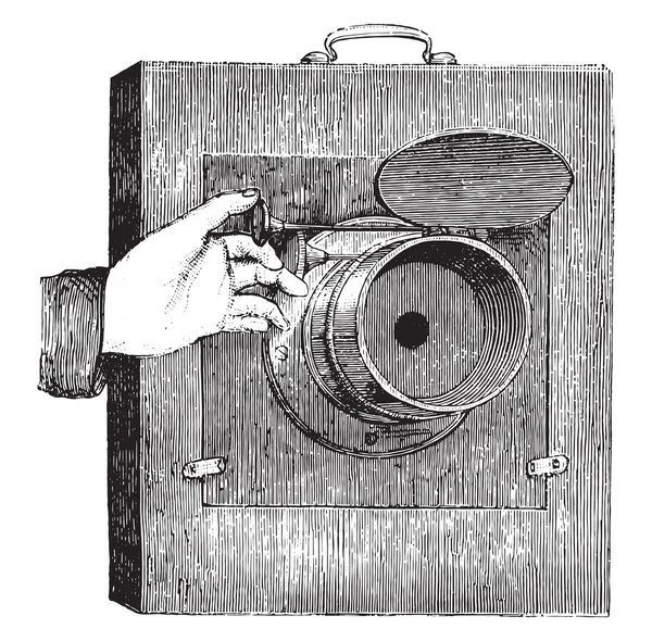 Roerende sluiter lens voor onmiddellijke fotografie, vintage gravure. — Stockvector