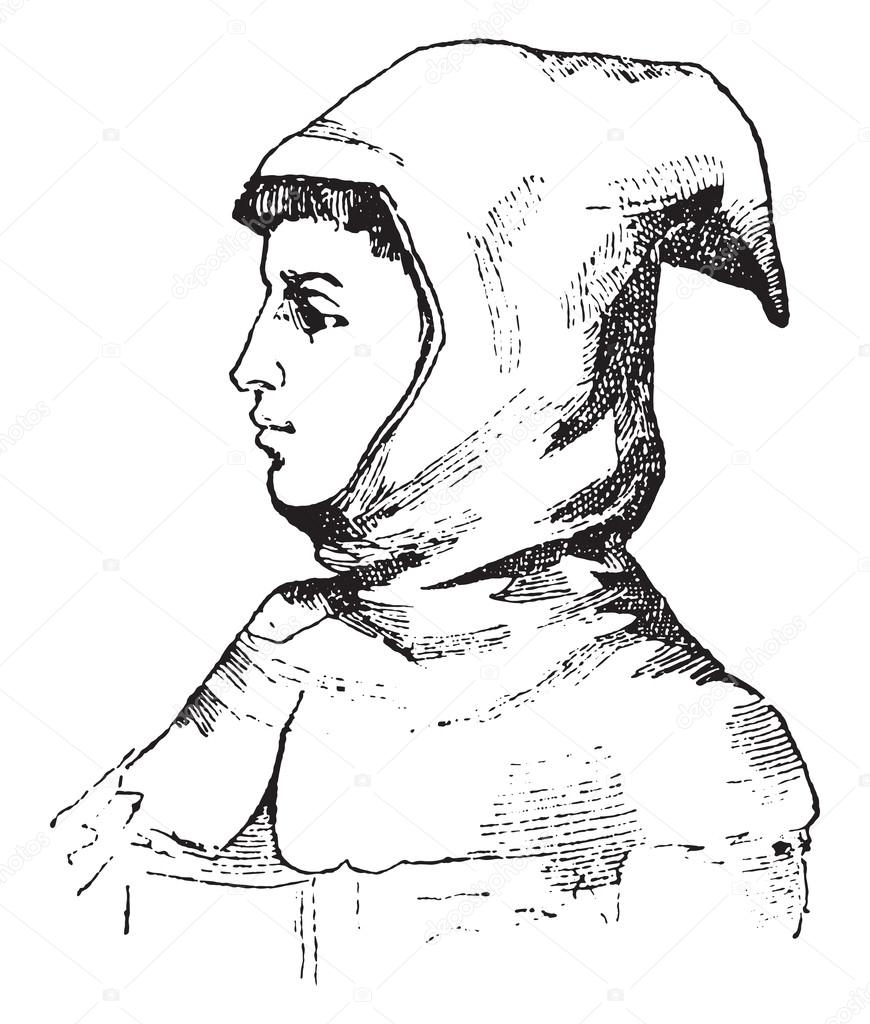 Hood fourteenth century, vintage engraving.