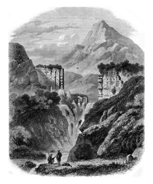 Cascade River Cause and Roman wall near Aix, vintage engraving.