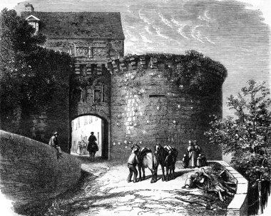 City gate, Vezelay, vintage engraving.