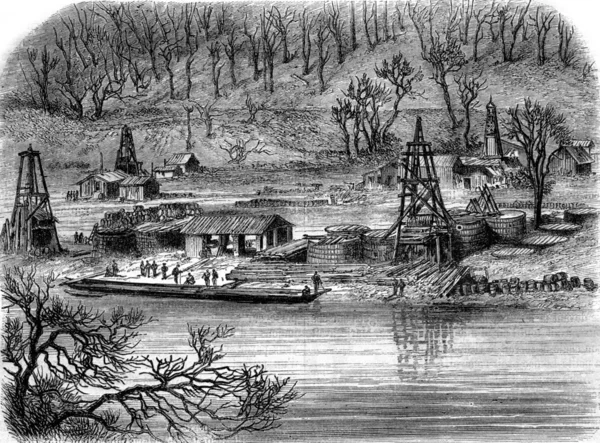 Ölförderung, Brunnen van slyke pennsylvania, Vintage-Gravur. — Stockfoto