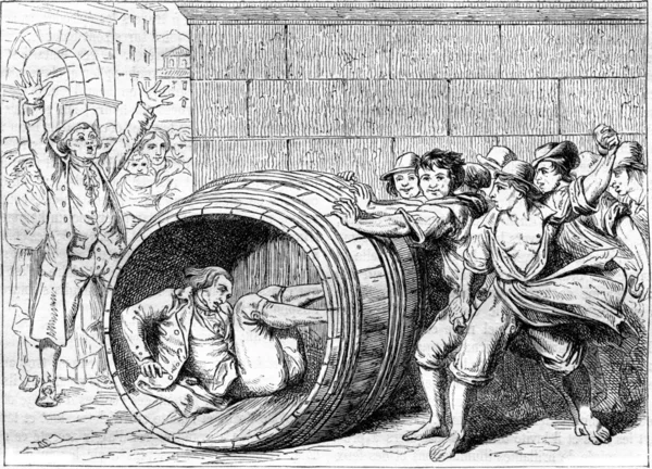 A Jew runs into a barrel by the Romans, vintage engraving. — Stock Photo, Image